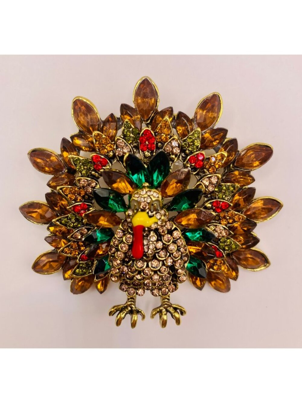 Gold-Tone Turkey Brooch Pin Multicolor Rhinestones Thanksgiving Jewelry -108B
